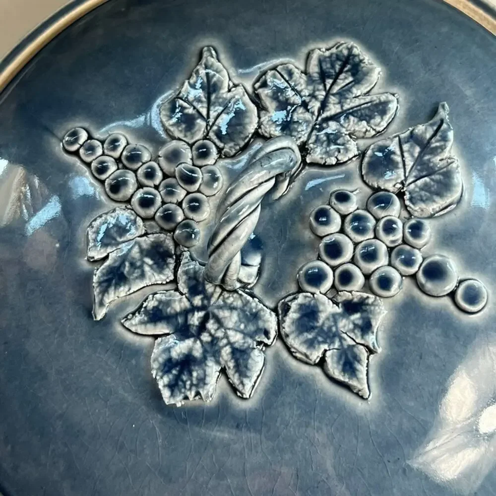 Blue Lidded Pot Casserole Serving Dish Grapes Leaves Handmade & Signed Glazed